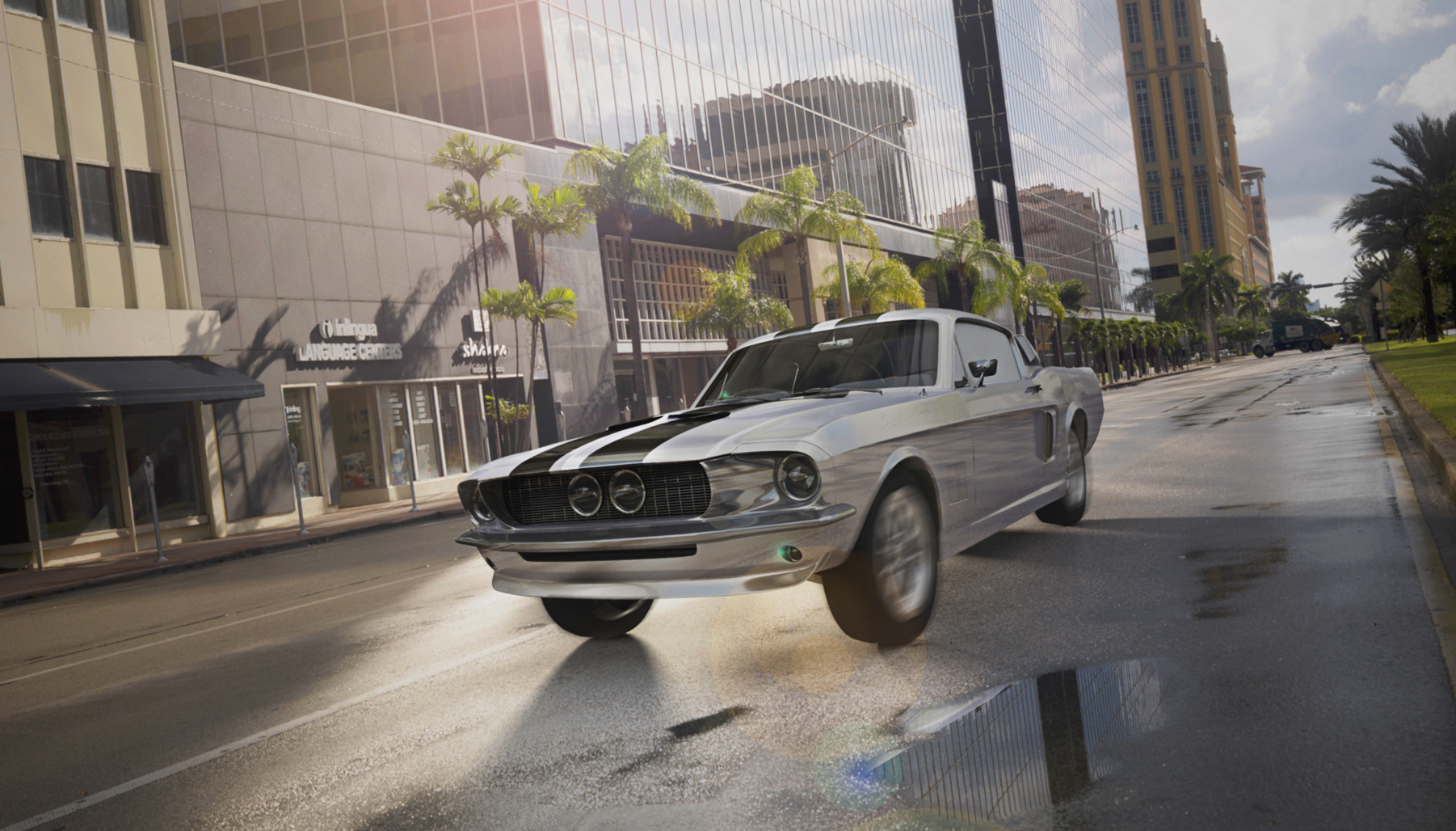 3D-Visualisierung eines Mustang shelby GT500 aus dem Jahre 1967, der an Hochhäusern und Palmen vorbei fährt
