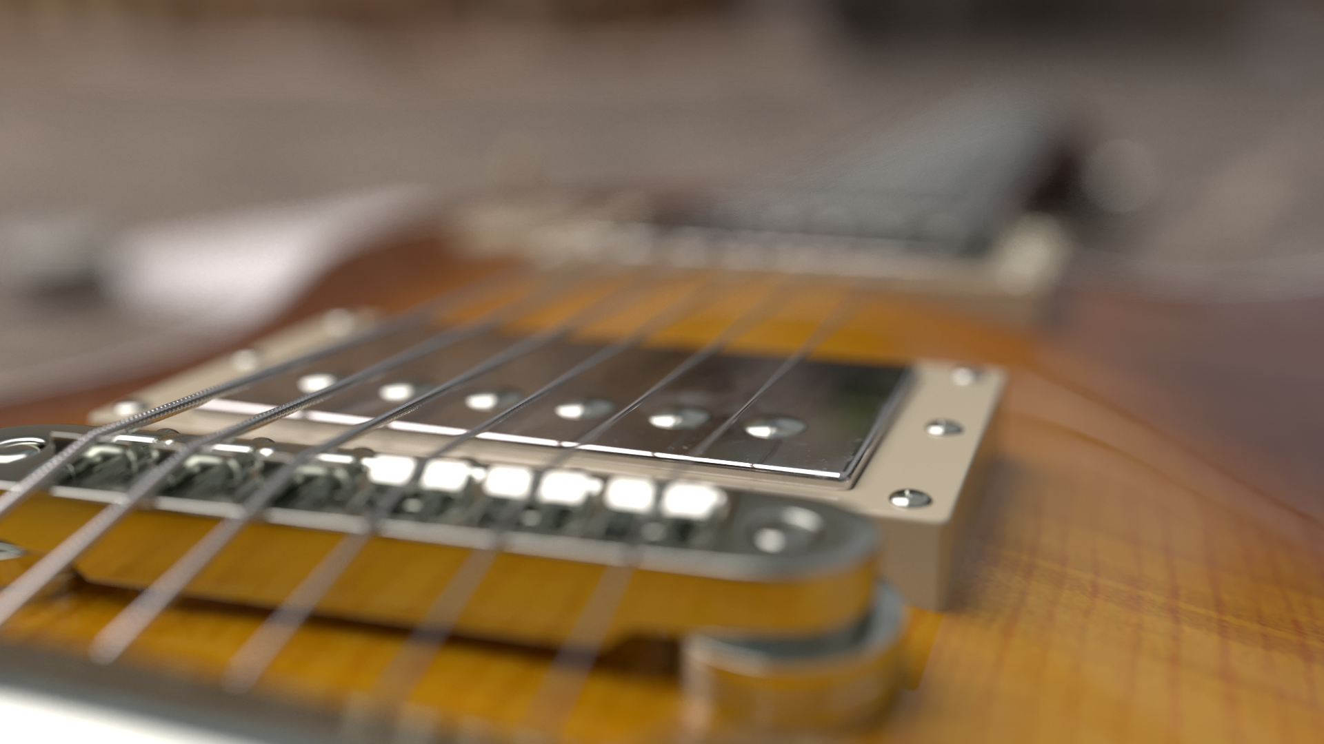 3D-Visualisierung des Steg-Humbuckers eine Gibson Les Paul E-Gitarre mit großer Tiefenunschärfe