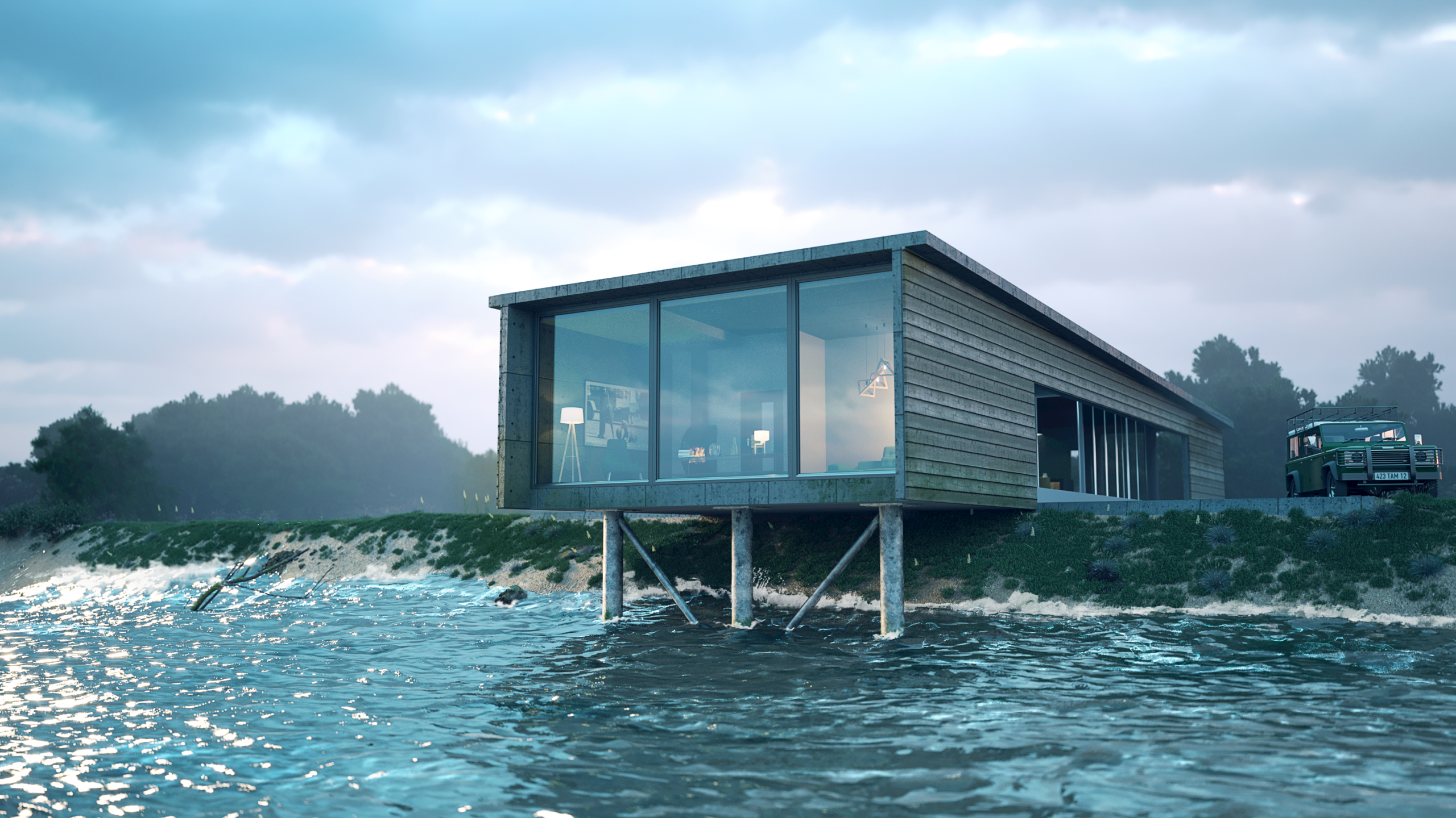 3D-Render Küstenhaus: Holzverkleidetes modernes Gebäude auf Pfählen über Meer, bodentiefe Fenster, graue Wolkenhimmel, Surreal-Atmosphäre mit Wellen