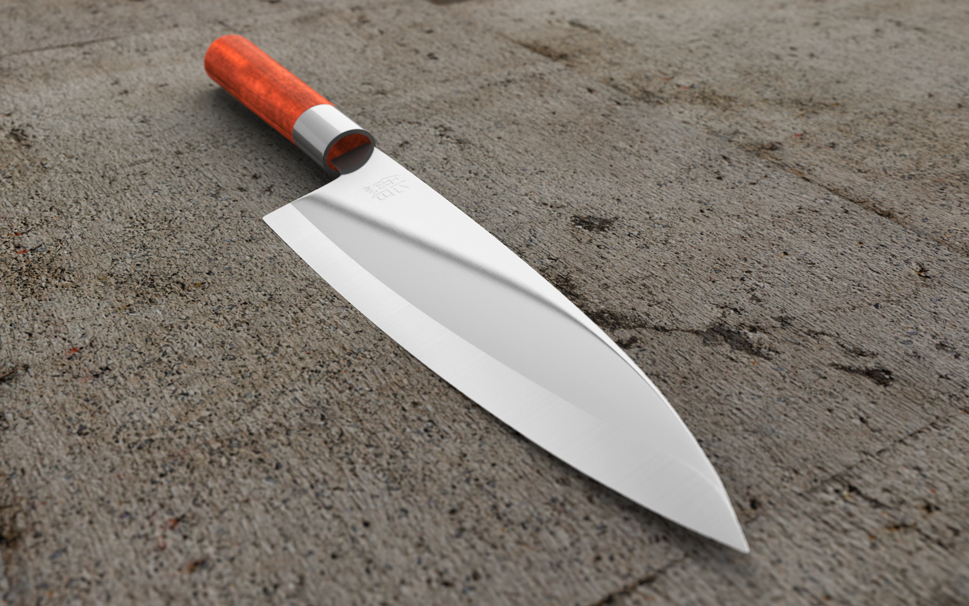 3D-Visualisierung eines Sushi-Messers, das auf Beton liegt