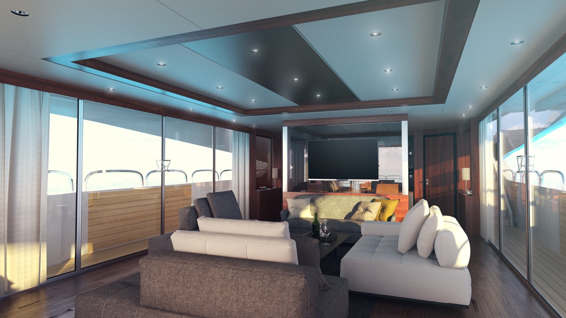 3D-Rendering Yacht-Interior Sunseeker Predator 130: Geräumiges Wohnzimmer mit grauen Sofas, Couchtisch, Flachbild-TV, Esstisch mit Stühlen, hängenden Lampen und heller Küche bei Panoramablick.